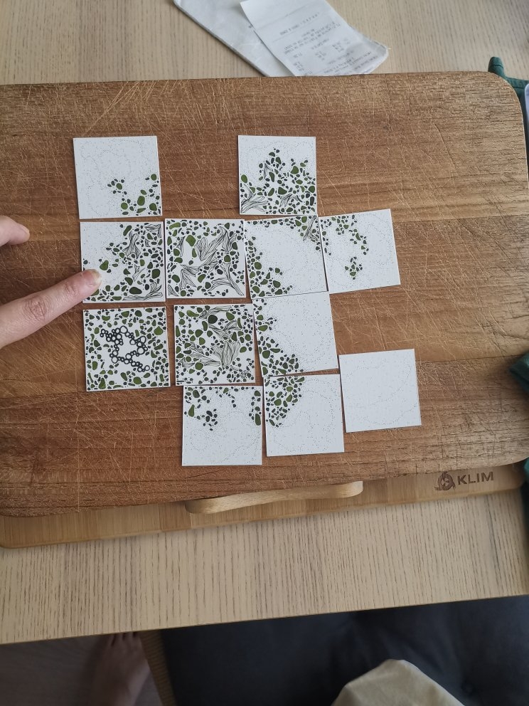 Des petites cartes carrées sur lesquelles on peut voir des motifs organiques qui se rasseblent en une carte