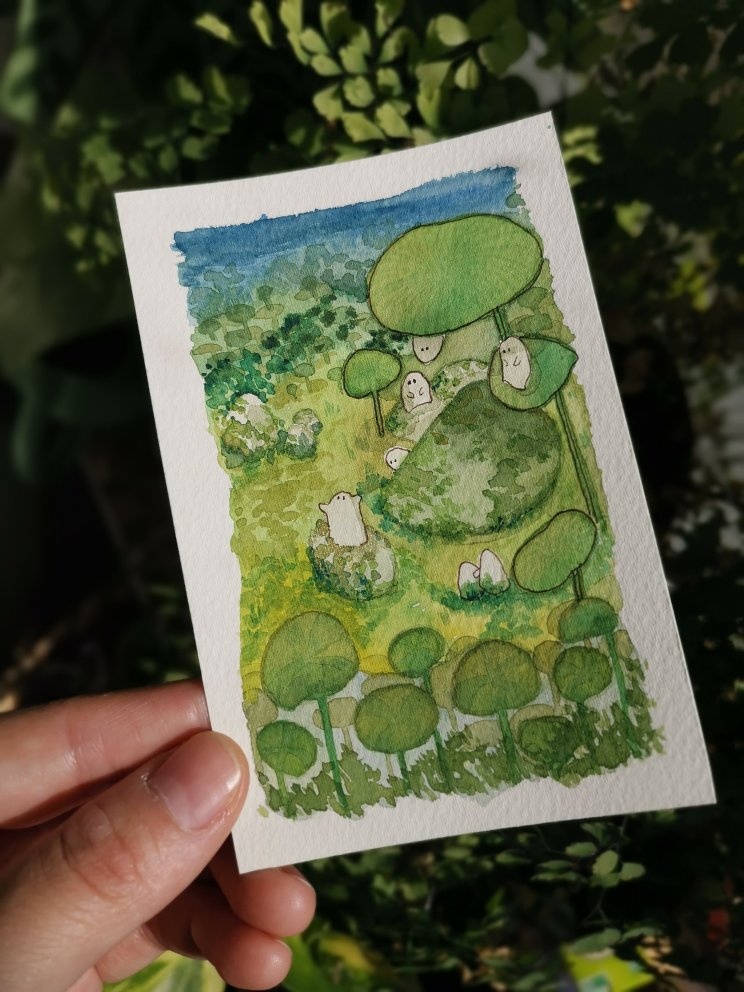 Illustration à l'aquarelle sur des tonalités de verts
    représentant des petits êtres de la nature au milieu d'une clairière.