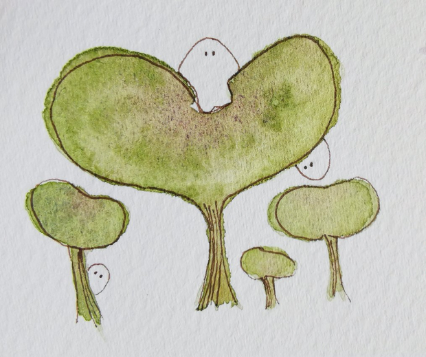 Illustration à l'aquarelle représentant trois petits êtres de la nature cachés sur des plantes vertes