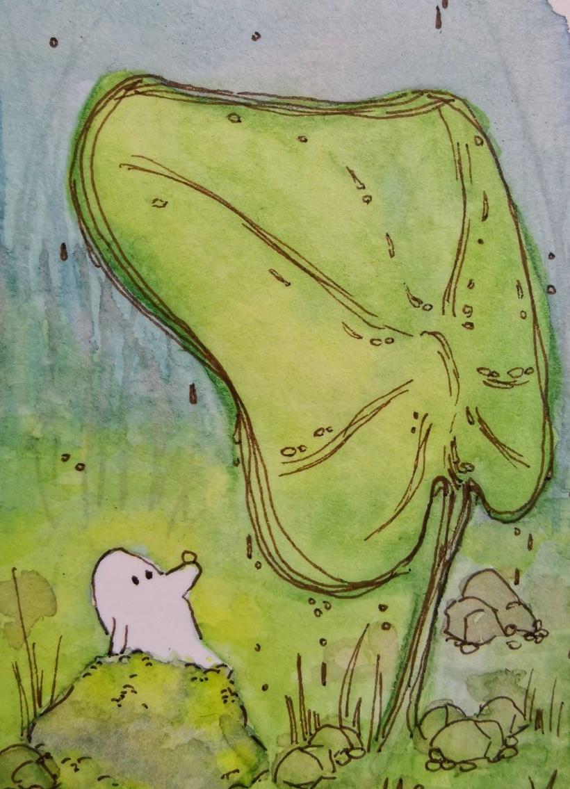 Illustration à l'aquarelle d'un petit être de la nature sous le
    pluie à côté d'une plante verte