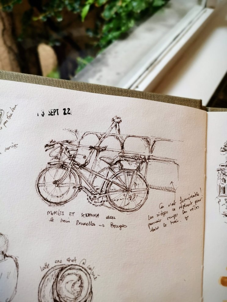 Gros plan sur un carnet de dessin. On peut voir un croquis au stylo
    de deux vélos attachés à des strapontins. On distingue des annotations
    écrites dessus. En dessous, un croquis d'une tasse d'un latte vue de
    dessus.