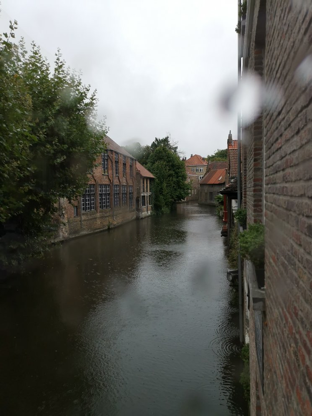 Vue sur le canal à Bruges par temps de pluie à travers une fenêtre.
Les lumières de l'image sont grises et on voit des grosses gouttes sur la
vitre. De part et autre du canal, se dressent de belles maisons en briques
rouges.